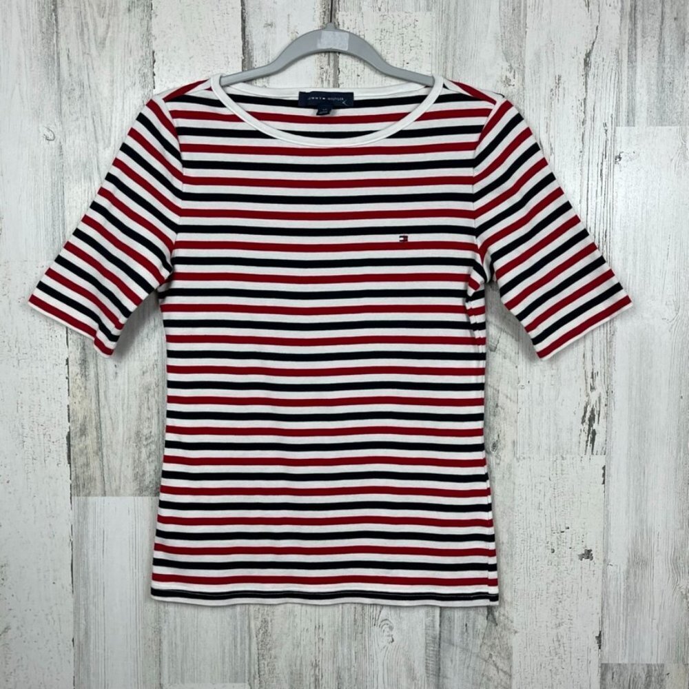 Tommy Hilfiger classic striped short sleeve t-shirt patriotic red white blue S